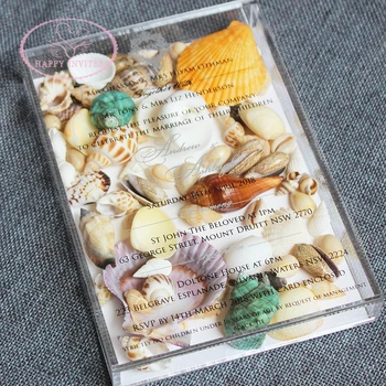 

Free Shipping HI4084 Custom Acrylic Box Wedding Invitation with Natural Shells Conches Factory Price