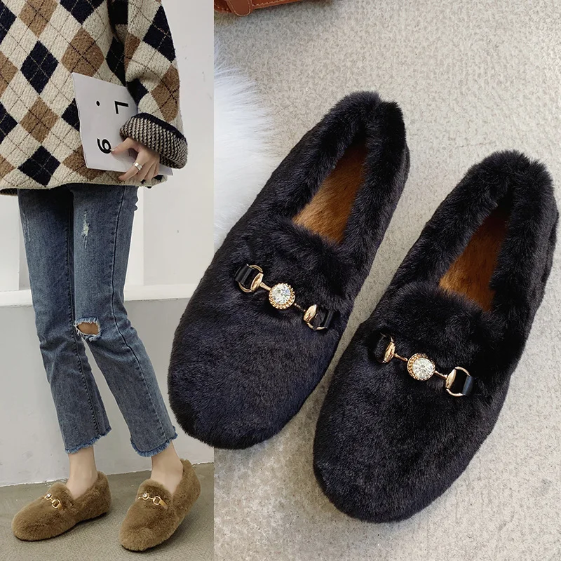 

Famous Brand Winter Fur Shoes Woman Round Toe Flats 2019 Crystal Mocasines Ladies Keep Warm Short Plush Loafers Mules