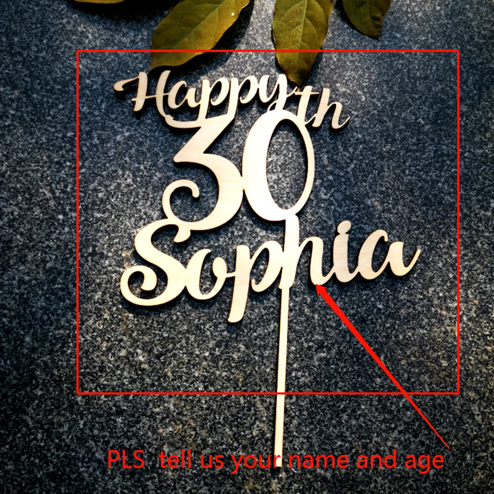 Personalised Custom Name age wood Cake Toppers Happy , Custom color and size Stylish Birthday wooden decorative cake topper
