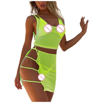

Free Ostrich Sexy Lingerie Women Underwear 4pcs Cover Up Praia Mesh Panties Hollow Bra Push Up Bra And Panty Set Biquini Neon