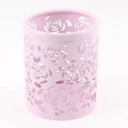 Светло-розовый полая Роза цветок узор металл ручка карандашный горшок держатель Органайзер