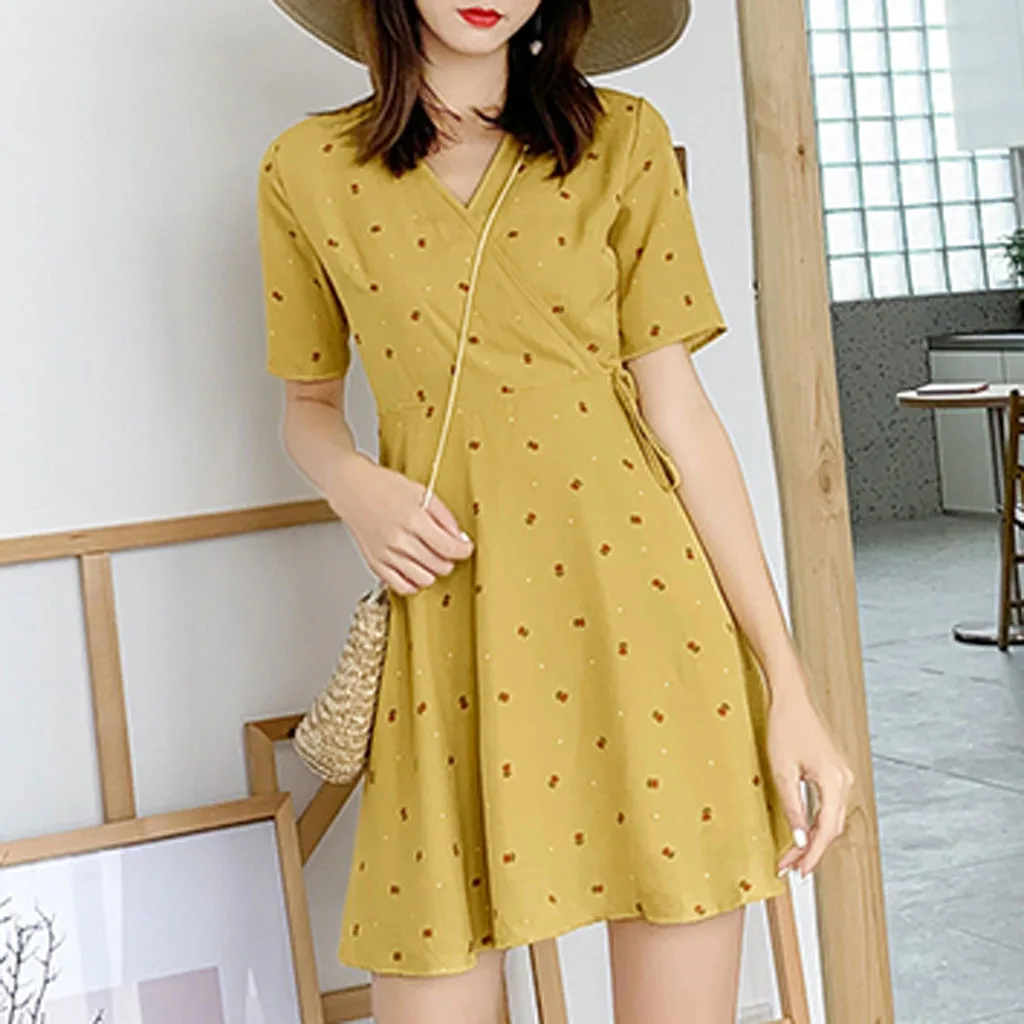

Women's Dress Floral Print Casual Dresses Short Sleeve Ropa Mujer Loose Beach Retro 2020 Dress Knee-Length Vestidos De Festa D23