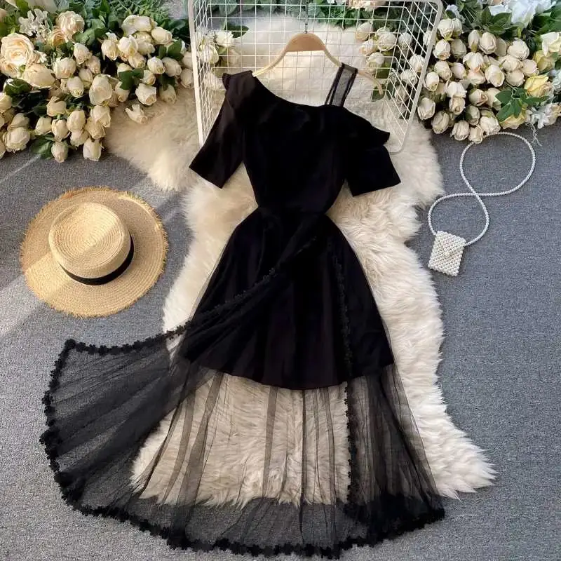 2022 sexy irregular design off-shoulder strapless dress women's high-waist hip-lifting A-line long mesh patch short-sleeved robe | Женская