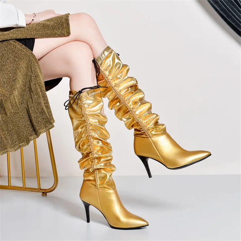 Best Fold wrinkled Knee High Boots Women Sexy Point Toe Thin High Heel slip on Long Boots T show Gold Silver booties feminina