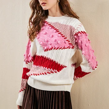 

Color Block Patchwork Women Sweater 2019 Autumn Winter Round Neck 3D Hairball Cable Knit Sweater Sweet Pullovers Tops P-226