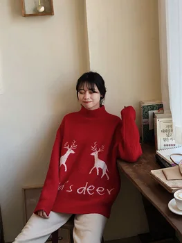 

Women's Sweater Loose Deer Red Christmas Sweater Long Sleeve Casual Sweater Women Gray Navy Sueter Mujer Invierno 2019