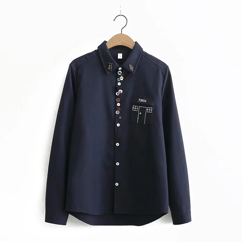 

New Fashion single breasted Loose Turn- Down Collar top patchwork button Long-sleeved Shirt Female Blouse woman shirt