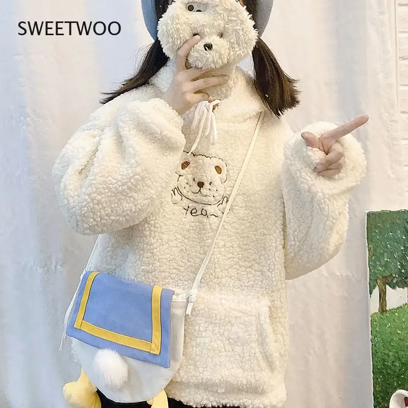 Kawaii Hoodies Women Winter 2021 Fashion Embroidery Funny Print Pullover Long Sleeve Cute Tops Casual Women Sweatshirt
