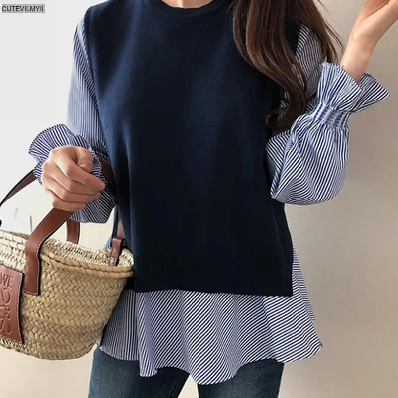 2021 Spring Women Ruffled Long Sleeve Shirt O Neck Pullover Sleeveless Vest Office Casual Knitted Vests Two Pieces Set lingerie set Women's Sets