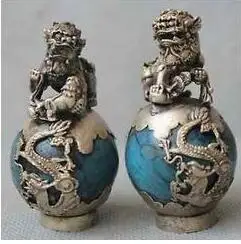 

305 1 Pair Tibet Silver Dragon Turquoise Phoenix Ball Foo Fu Dog Guardion Lion Pair Statue