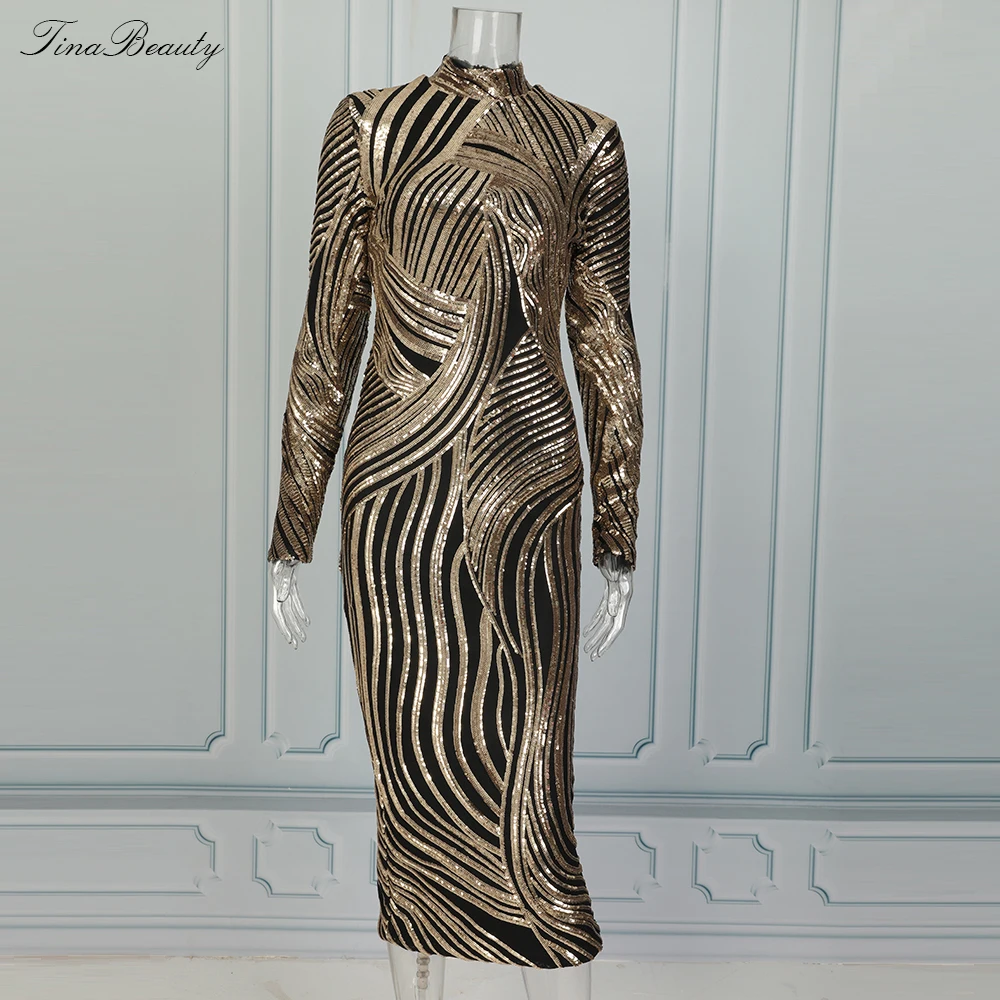 Cena Tina Beauty eleganckie cekinowe sukienki Celebrity Glitter kobiety Plus rozmiar złoty Midi golf długa sukienka na przyjęcie na bal wieczorowy