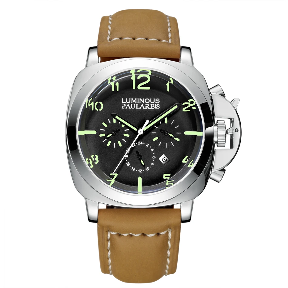 Silver Green Automatic Self Wind Mechanical Genuine Brown Leather Strap Multifunction Date Month Yellow Green Luminous Rose Gold Men Watch - Цвет: Silver Green