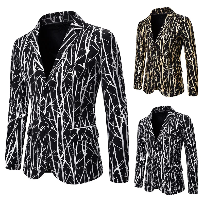 

Europe And America MEN'S Suit Slim Fit Fashion Branch Bronzing Printed Suit Formal Dress Costume Coat X128