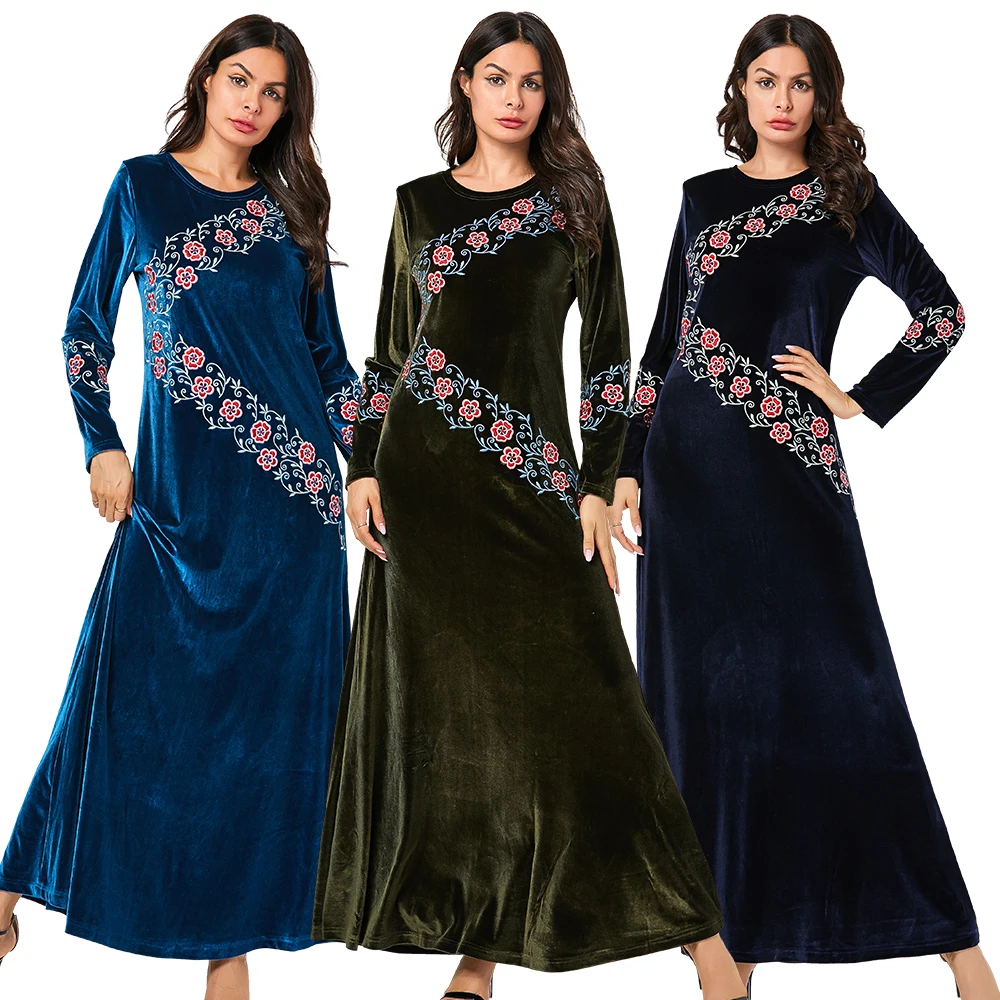 

Siskakia Elegant Muslim Embroidery Long Dress Velvet Round Neck Long Sleeve Ankle Length Dresses Blue Autumn 2019 Women's Clothe