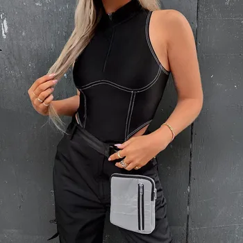 

New Sexy Sleeveless Bodycon Body Women Top Summer Fitness Casual Bodysuit Ladies Zipper Black Jumpsuit Romper Streetwear 2020