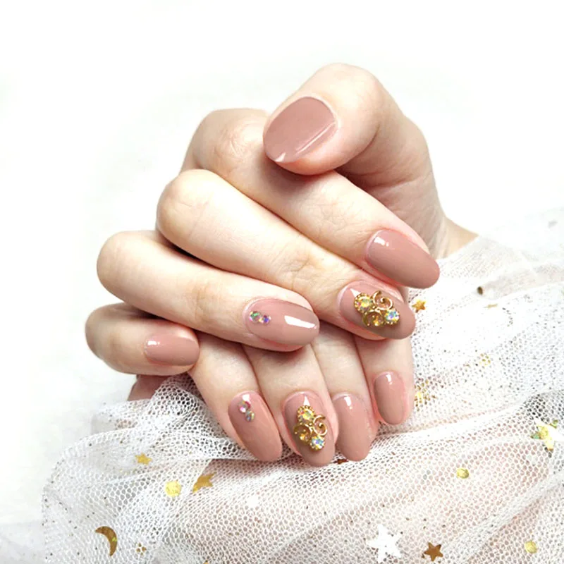 

24 pcs/set Hot Sale Full Cover False Nails with Metal Designs Nude Artificial Medium Size Fake Nails with Glue Bride Party Style