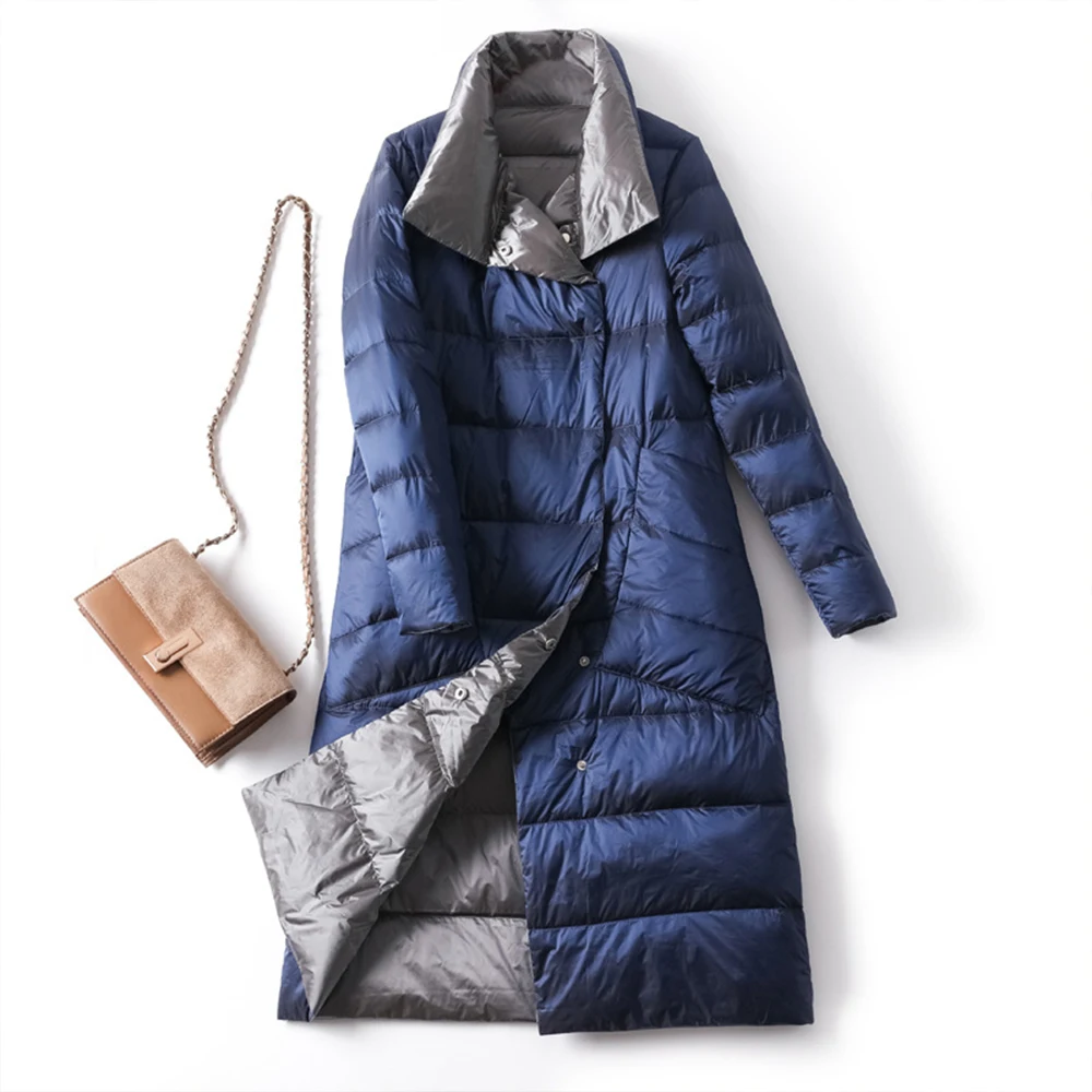 Navy blue 2 Женское двухстороннее длинное пуховое пальто, зимнее теплое белое пуховое Стеганое пальто, двубортное женское тонкое пальто, верхняя одежда - Цвет: Navy blue 2