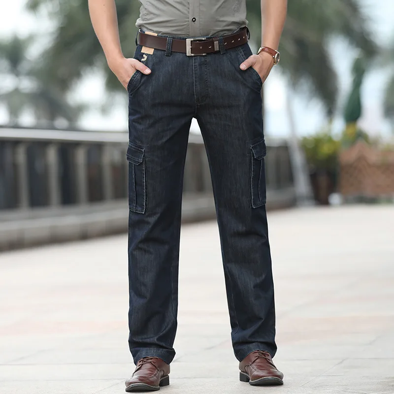 Men's Military Jeans Pants Workwear Multi-pockets Cargo Denim Trousers Men Casual Classic Straight Mid Waist Thick Cotton Jeans