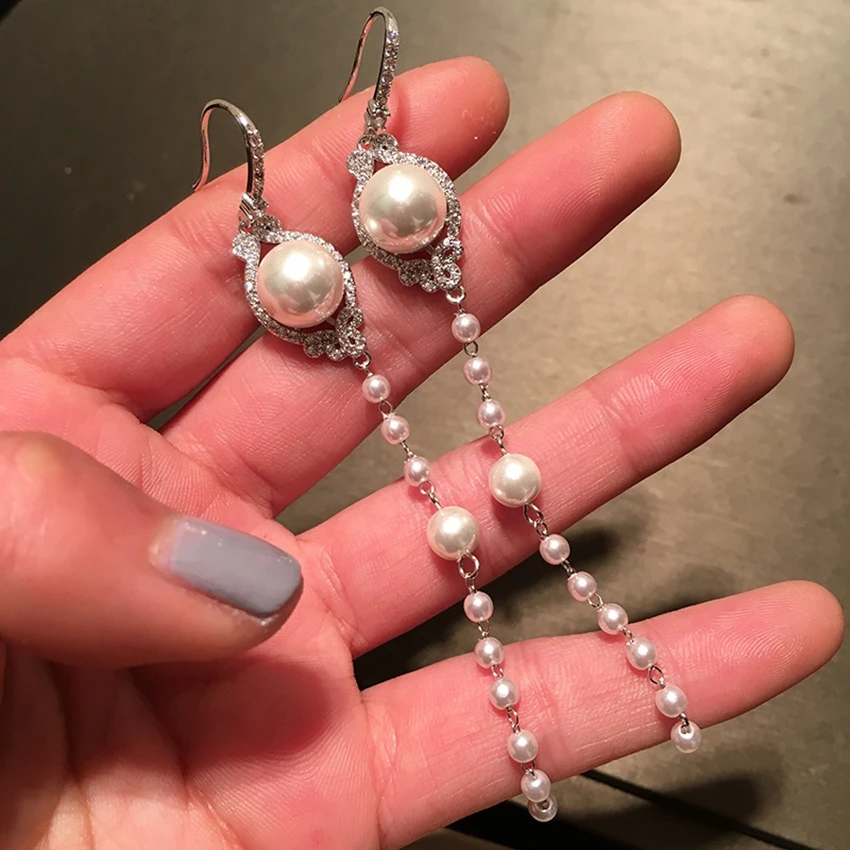 

Luxury White Simulated-Pearl Earrings Crystal Long Earrings for Women Wedding Promise Earrings 2019 New Jewelry