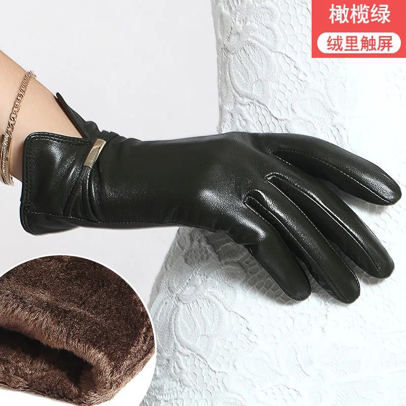 Olive green touch Перчатки из натуральной овечьей кожи, женские зимние перчатки из натуральной кожи с сенсорным экраном, женские теплые бархатные перчатки TU3329 - Цвет: Olive green touch