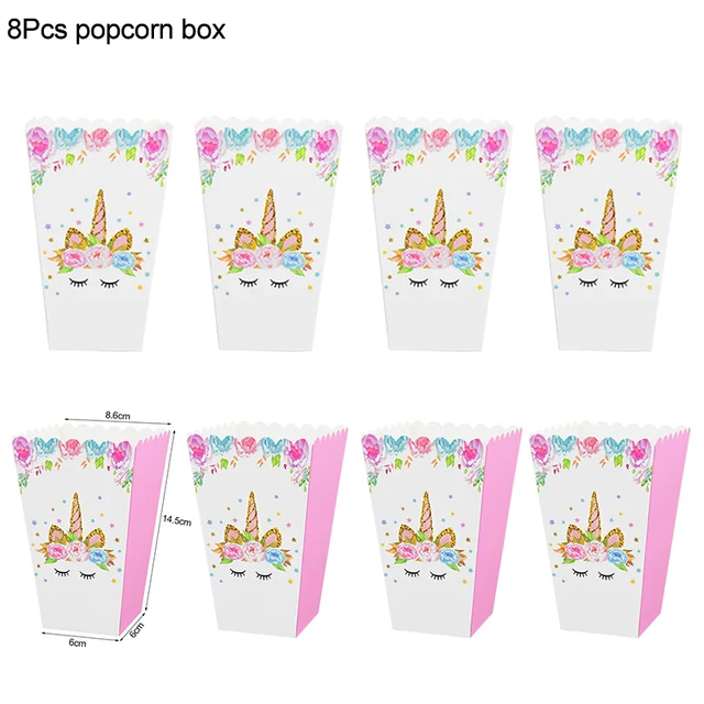 Rainbow Unicorn Birthday Party Decoration Disposable Tableware Set Unicorn Balloon Girl Baby Shower Kids Birthday Party Supplies 8pcs popcorn box
