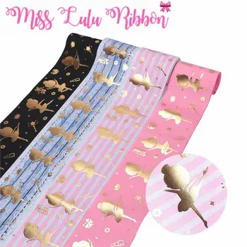 

3"75mm Gold Foil Ballet Dancer Girl Star Pink Stripes Lace Printed Grosgrain Ribbon DIY Bowknots Hair Band Making 50yards/roll