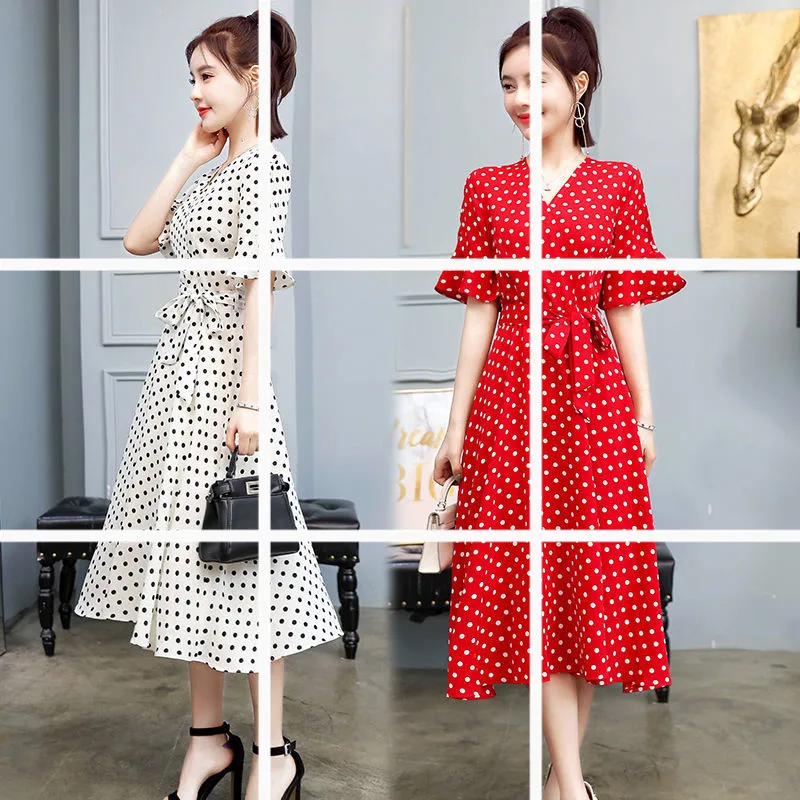 

Polka Dot Dress Women's 2019 Summer New Style Waist Hugging Slimming V-neck Fairy Skirt Immortal Sweet Chiffon Dress