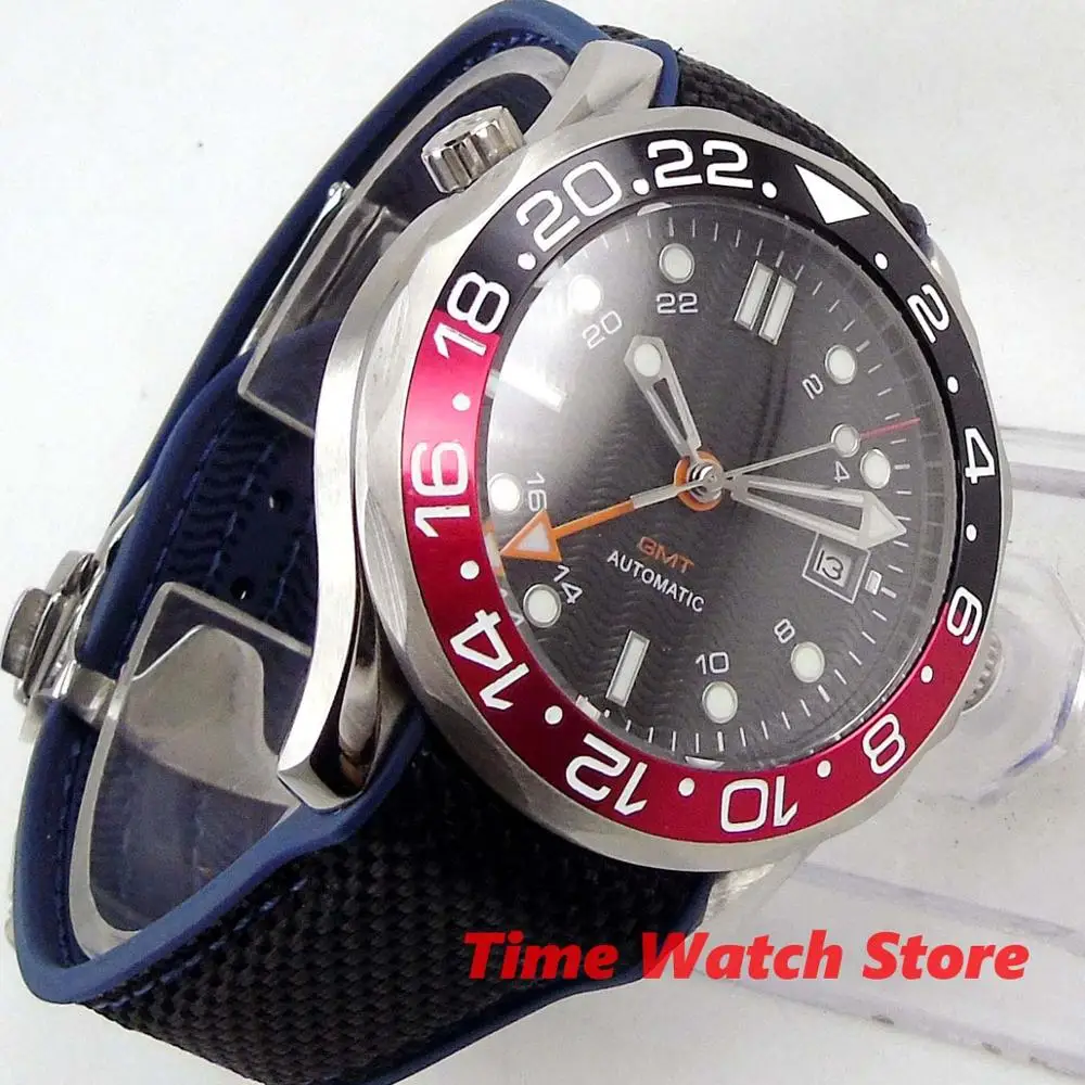 Роскошные 41 мм GMT DG 3804 автоматические мужские часы, светящийся черный циферблат, резиновый ремешок, синяя керамическая оправа, сапфировое стекло, водонепроницаемые, B259
