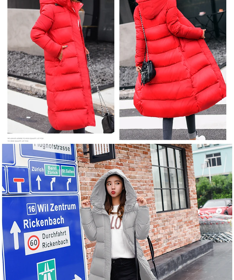 New down cotton dress large size long over knee hooded cotton down jacket slim fit coat
