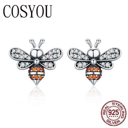 

COSYOU High Quality 100% 925 Sterling Silver Bee Story Clear CZ Exquisite Stud Earrings for Women Fashion Silver Jewelry SCE344