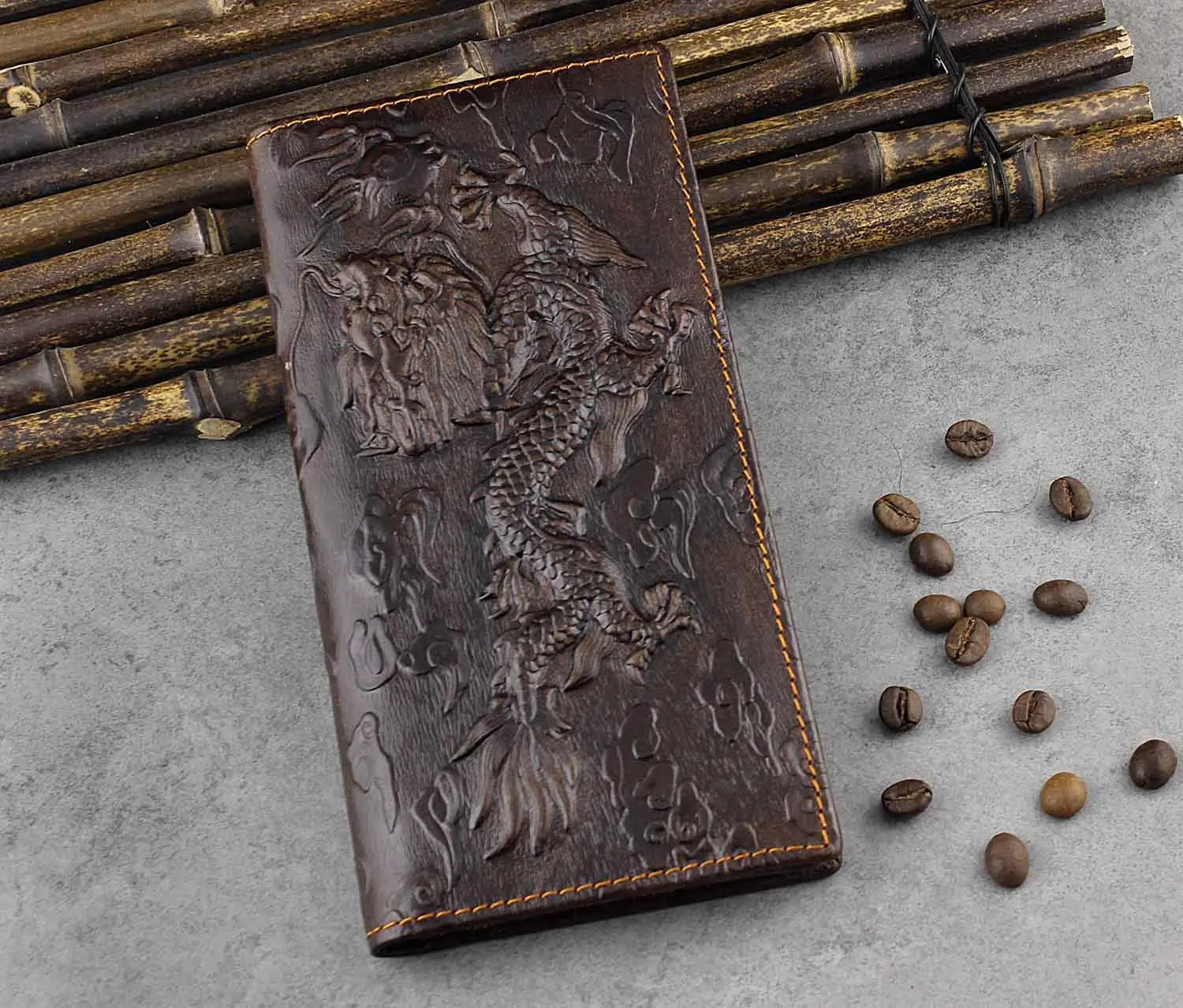 

Men's wallet 2020 zipper leather casual retro trend long simple 3D Chinese dragon pattern card bag wallet long wallet