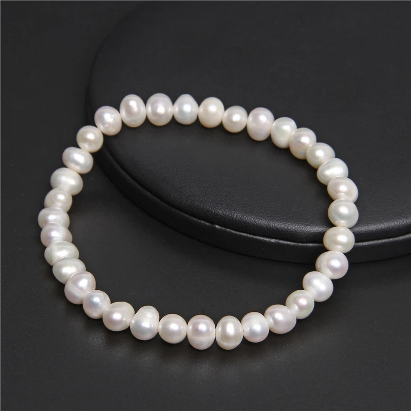 Simple Round White Pearls Beaded Bracelet Men Women Jewelry 6-9mm Natural Genuine Pearl Elastic Bangles Freshwater Pearls Gifts