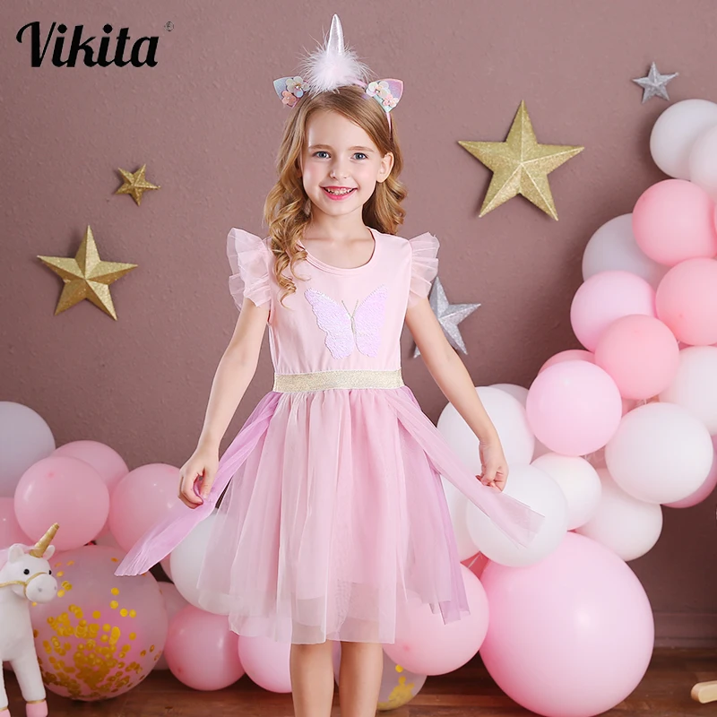 VIKITA Summer Girls Dress Kids Butterfly Sequins Dresses Baby Princess Elegant Vestidos Birthday Party Sweet | Детская одежда и