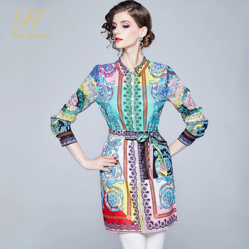 GREEN H Han queen женские Топы Длинные Блузки Осень Элегантная шифоновая блузка с длинным рукавом с принтом Женская рабочая одежда Рубашки Винтаж Blusa - Цвет: GREEN