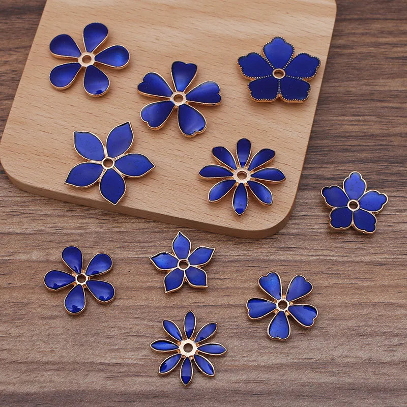 10pcs Metal Enamel Flower Beads Caps Blue Green Pink Filigree Flower Base Charms Pendants for Jewelry Making Components DIY