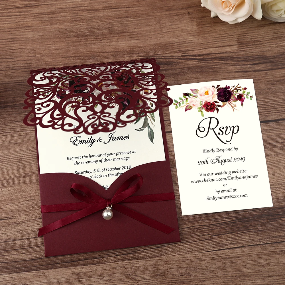 1 piece Navy blue, White, Gold and Burgundy Laser Cut Wedding Invitations with RSVP card,pearl ribbon,Customizable