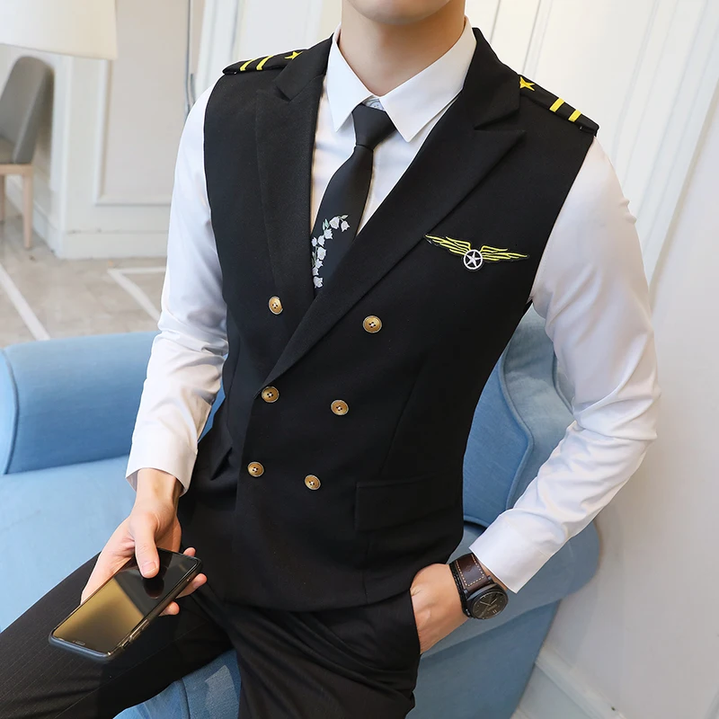 Новое платье жилеты для мужчин Epaulet Air Less Жилет двубортный Рабочая форма костюмы с жилетом Повседневный Приталенный жилет Homme 5XL - Цвет: black