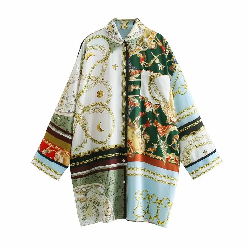 2021 ZA Oversized Patchwork Print Summer Shirt Women Long Sleeve Vintage Loose Blouse Female Fashion Plus Size Long Tops