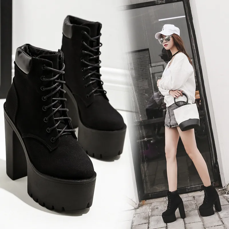 

Lace Up Chunky Heel Bootee Woman 2019 High Heels Boots Women Shoes Clogs Platform Round Toe Luxury Designer Stiletto Winter