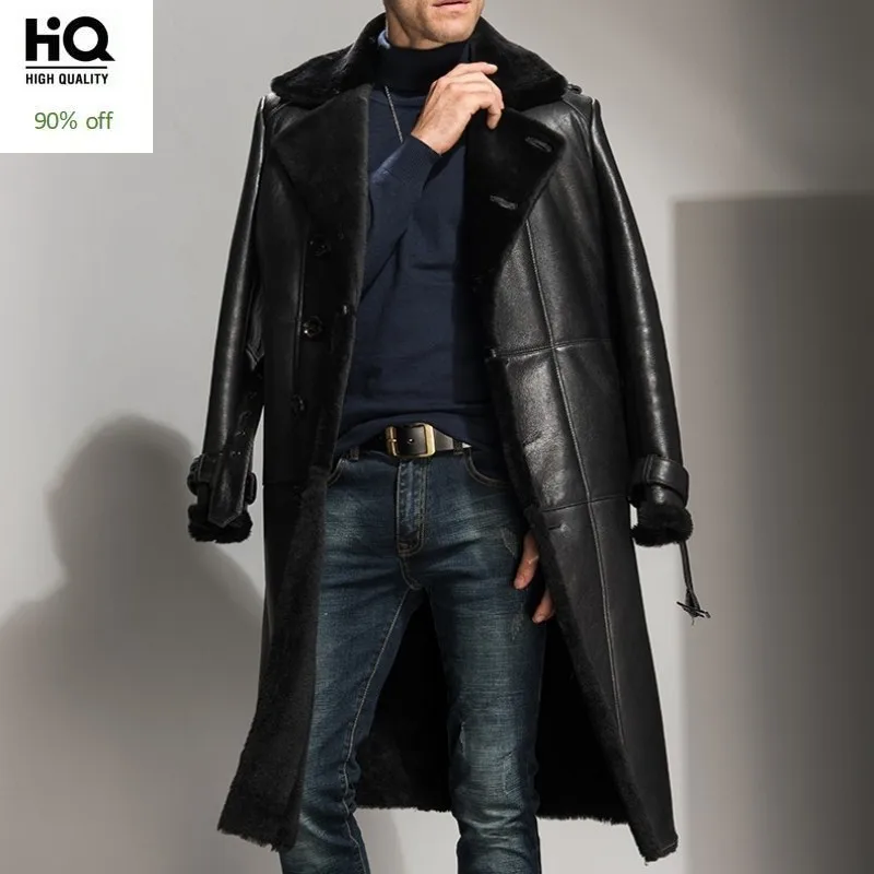 

Winter Men Long Shearling Jacket Sheepskin Leather Wool Lining Overcoat Single Breasted Belt Military Real Fur Jacket Plus Size