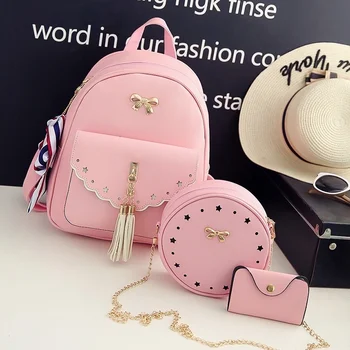 

4Pcs/Set Small Backpacks female School Bags For Teenage Girls Black Pink PU Leather Women Backpack Shoulder Bag Purse Mochila48