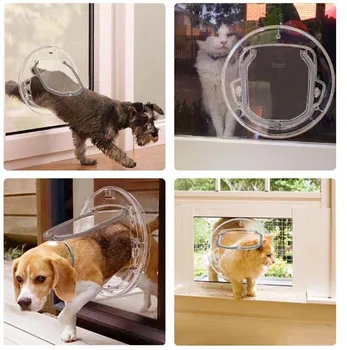 

1 PCS Round Transparent Pet Dog Cat Flap Door 4 Ways PC Household Cat Gate Lockable Security Pet Entrance Glass Window Puppy