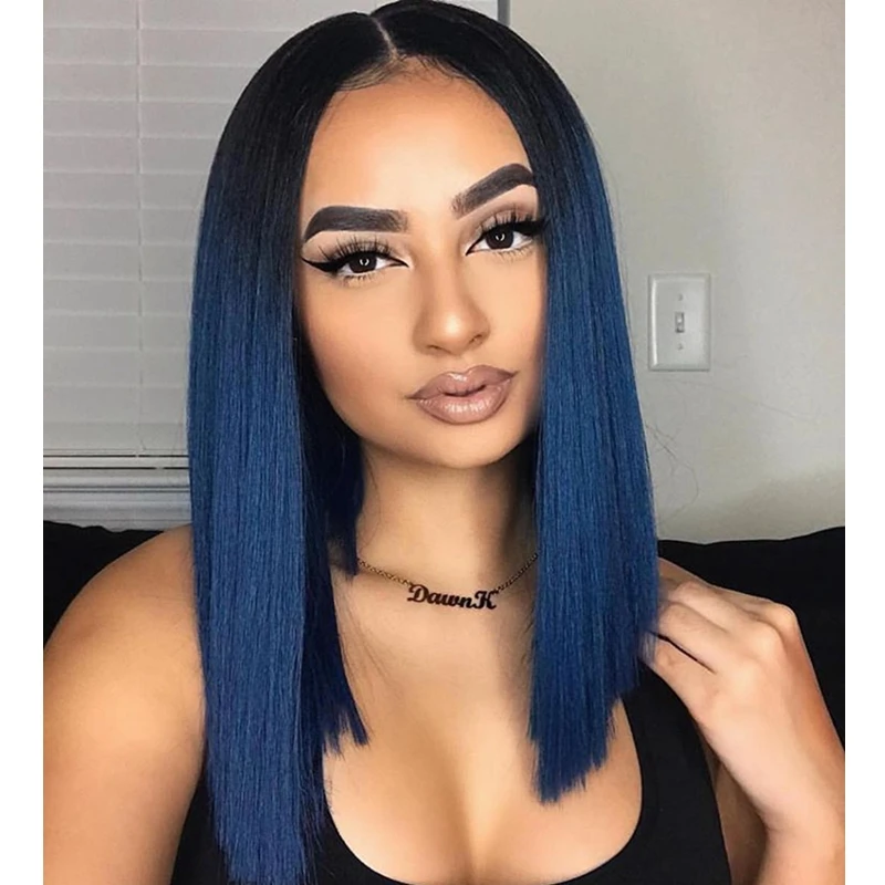 Sintetico Anteriore Del Merletto Parrucca Nera Ombre Blu Caschetto Corto  Rettilineo Parrucche Anteriori Del Merletto per Le Donne Linea Sottile  Naturale Parrucca Del Merletto con I Capelli del bambino|Synthetic  None-Lace Wigs| -