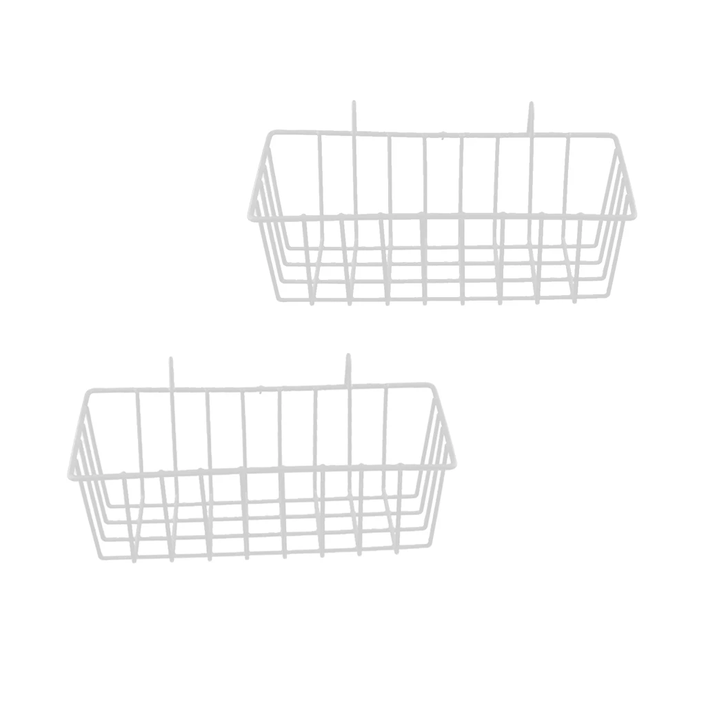 2Pieces White Grid Basket Wire Wall Basket with Hanging Hook, Wall-mounted Organizer for Grid Panel, Wire Storage Shelf Rack