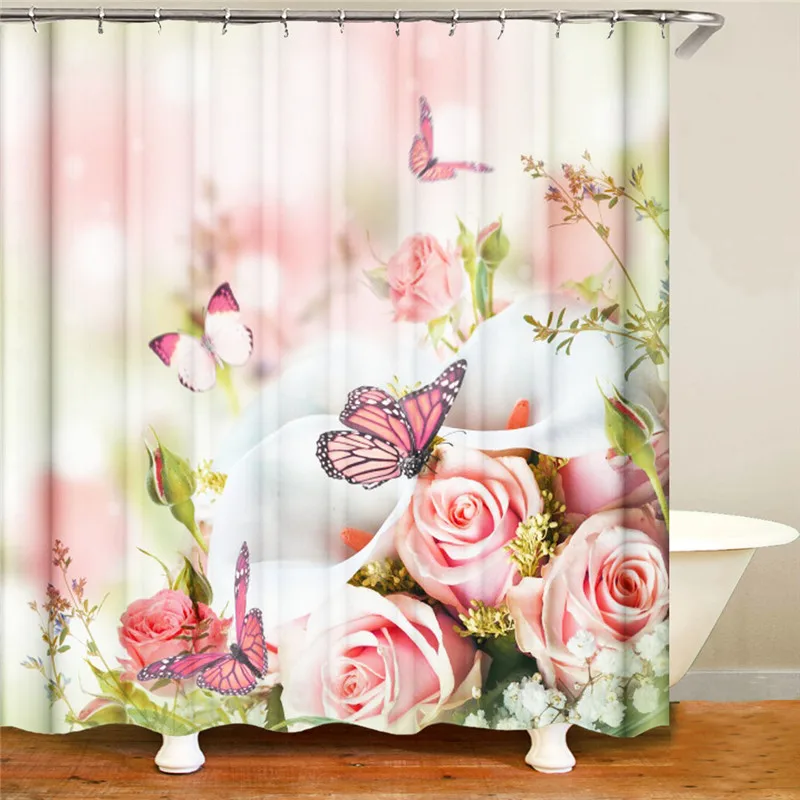 3D Blue Red Pink Rose Print Shower Curtain Set Bathroom Bathing Screen Anti-slip Toilet Lid Cover Carpet Rugs Kitchen Home Decor