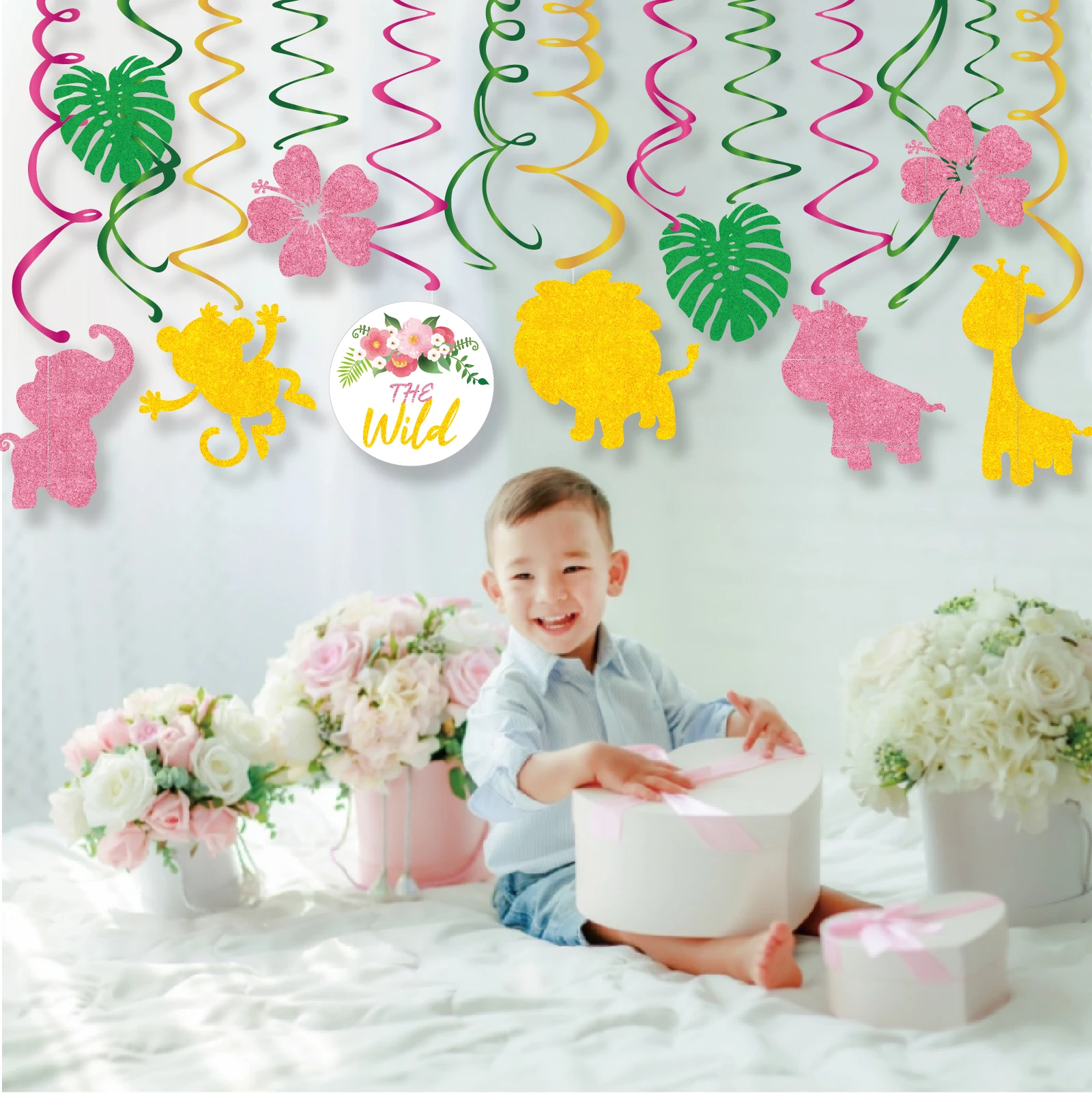 

30pcs PVC Jungle Animals Giraffe Monkey Wild ONE Happy Birthday Party Ceiling Hanging Swirls Party Supplies Decorations Spirals