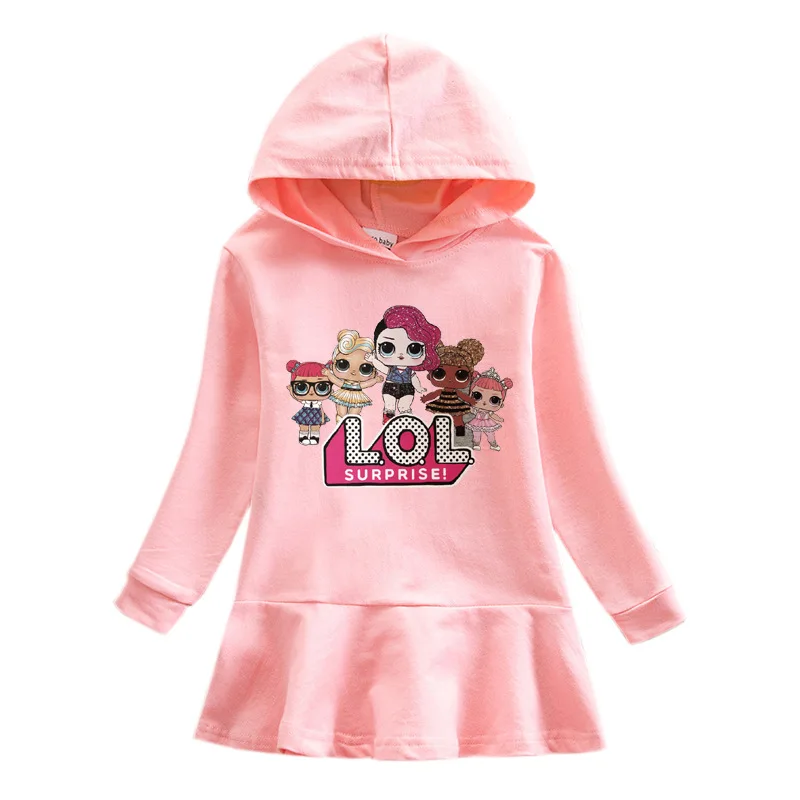 Girls Cartoon Hooded Sweater Dress Baby Doll Cotton Casual Dress Comfortable Cute Dress - Цвет: pink