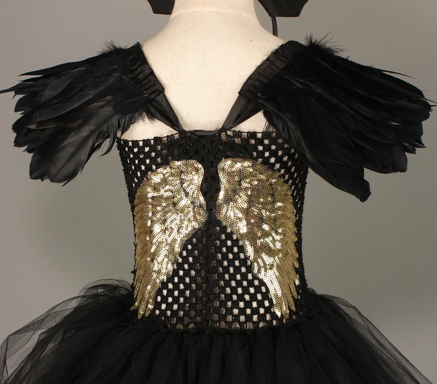 Fallen Angel Dark Gothic Black Halloween Tutu Dress Glitter Wings Girls Halloween Evening Party Ball Gown Evil Witch Costume (14)