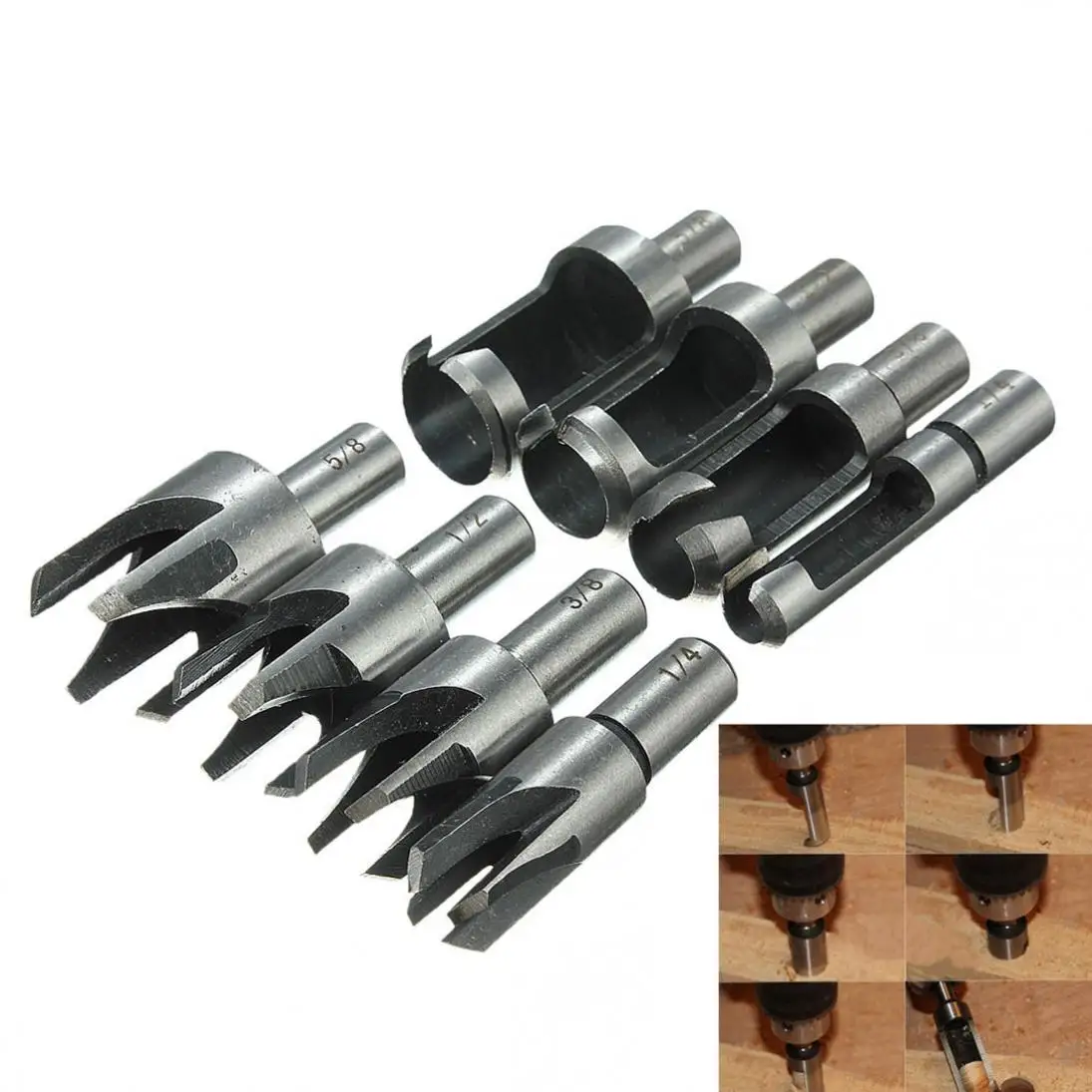 8Pcs HSS Taper Claw Type Wood Plug Cutter Drill Bits Dia 1/4" 3/8" 1/2" 5/8" 