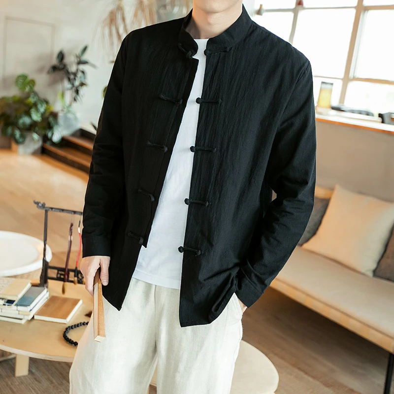 Camisa de estilo chino para hombres, Camisa de algodón y lino de manga larga, estilo chino, Vintage, informal, kung-fu, Tai Chi Ta